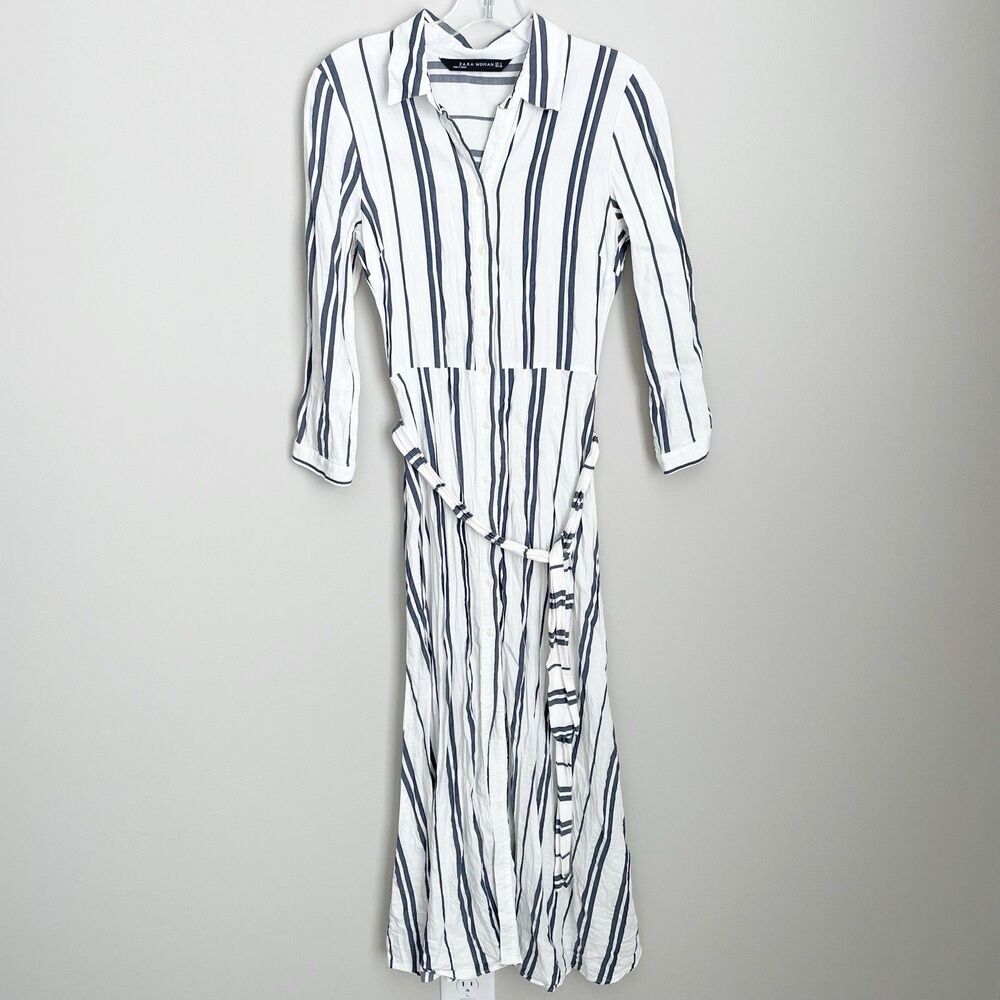 Zara Size S Striped 3/4 Sleeve Linen Blend Full Length Shirt Dress Waist Tie